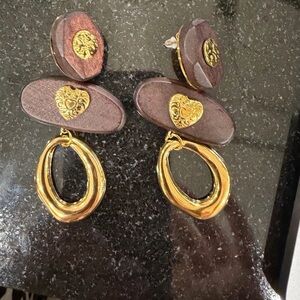 Vintage Wooden Heart Drop Earrings